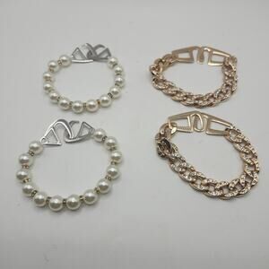 4pc Bracelet Set Faux Pearl + Gold Tone Rhinestone Chain Costume Jewelry